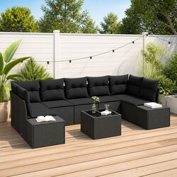 Garden Sofa Set 8 Pieces Black Poly Rattan Modular Outdoor Furniture with Glass