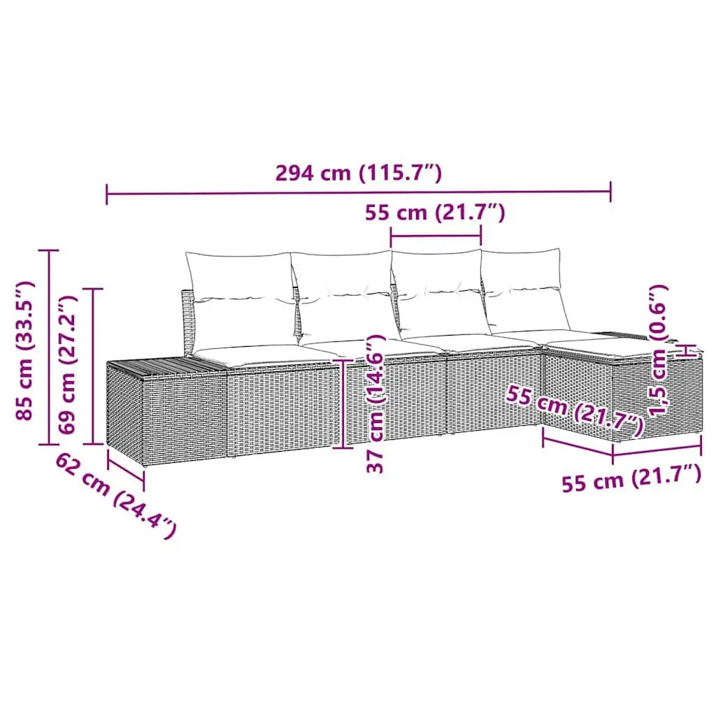 Garden Sofa Set Black 5 Piece Modular Outdoor Furniture Poly Rattan