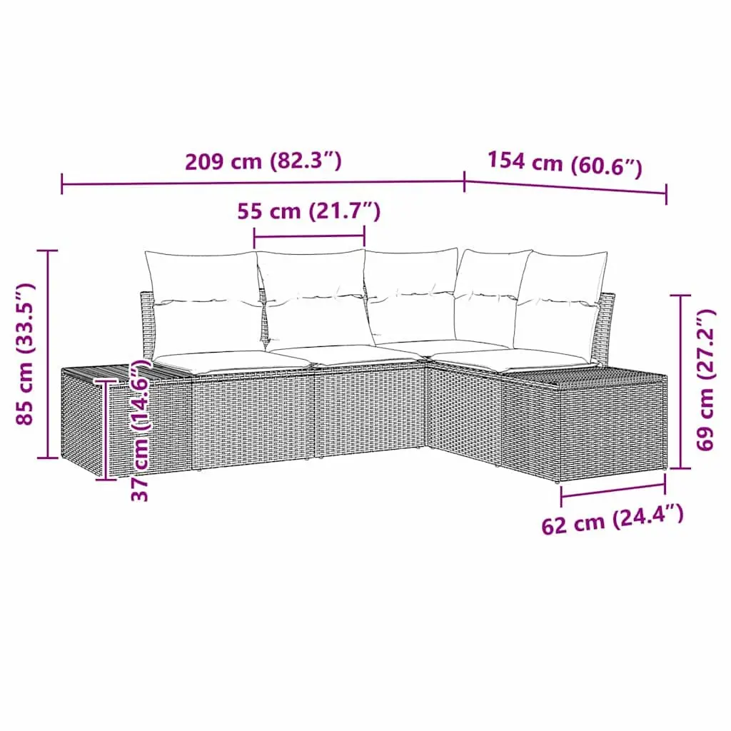 Outdoor Garden Sofa Set 4 Piece Black Poly Rattan Modular Patio Furniture