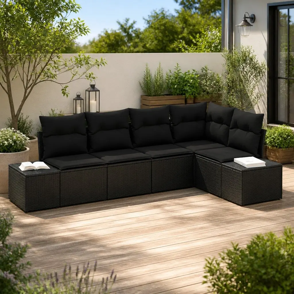 Outdoor Garden Sofa Set Black 5 Piece Modular Poly Rattan Patio Furniture
