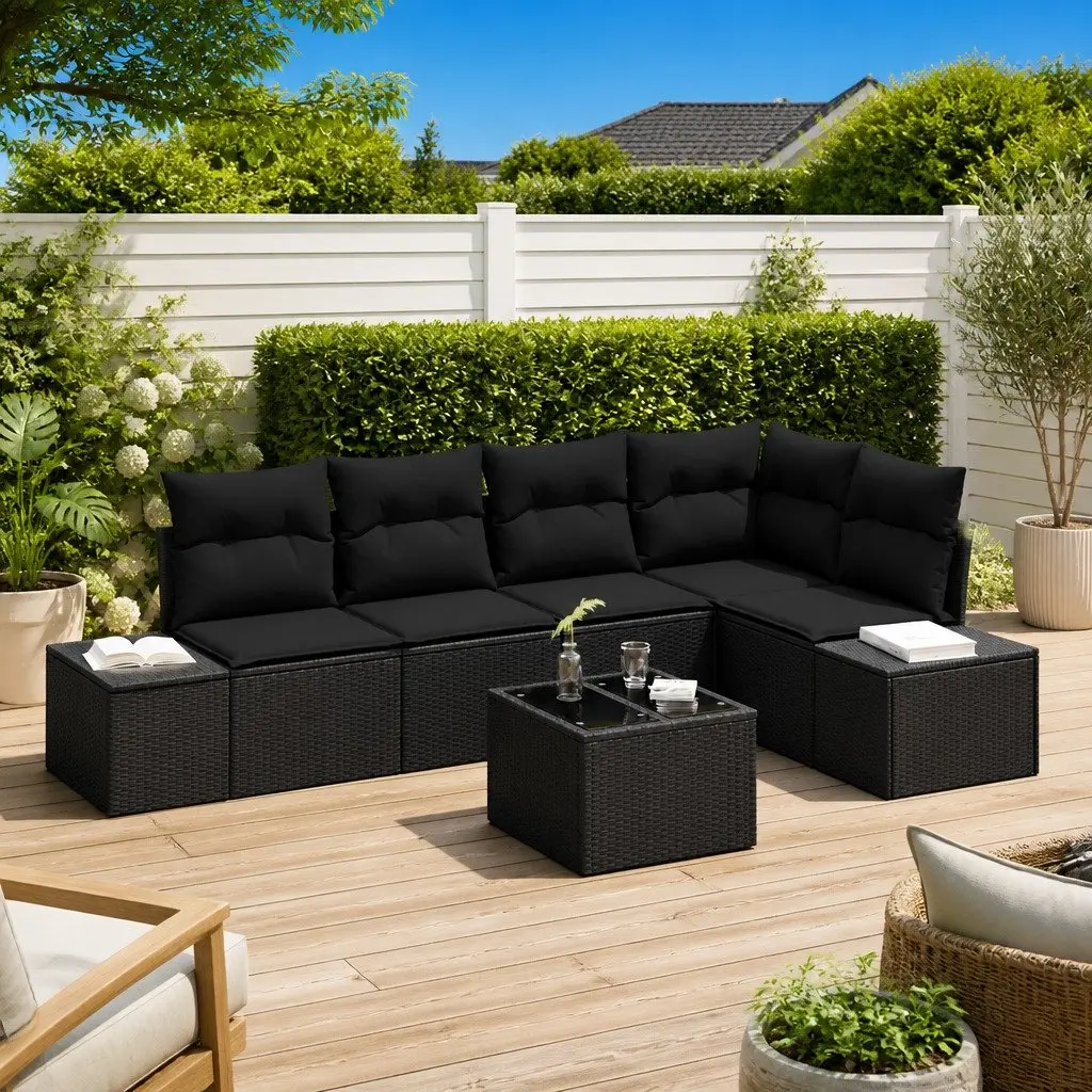Outdoor Garden Sofa Set Black 6 Pieces Modular Poly Rattan Weather Resistant