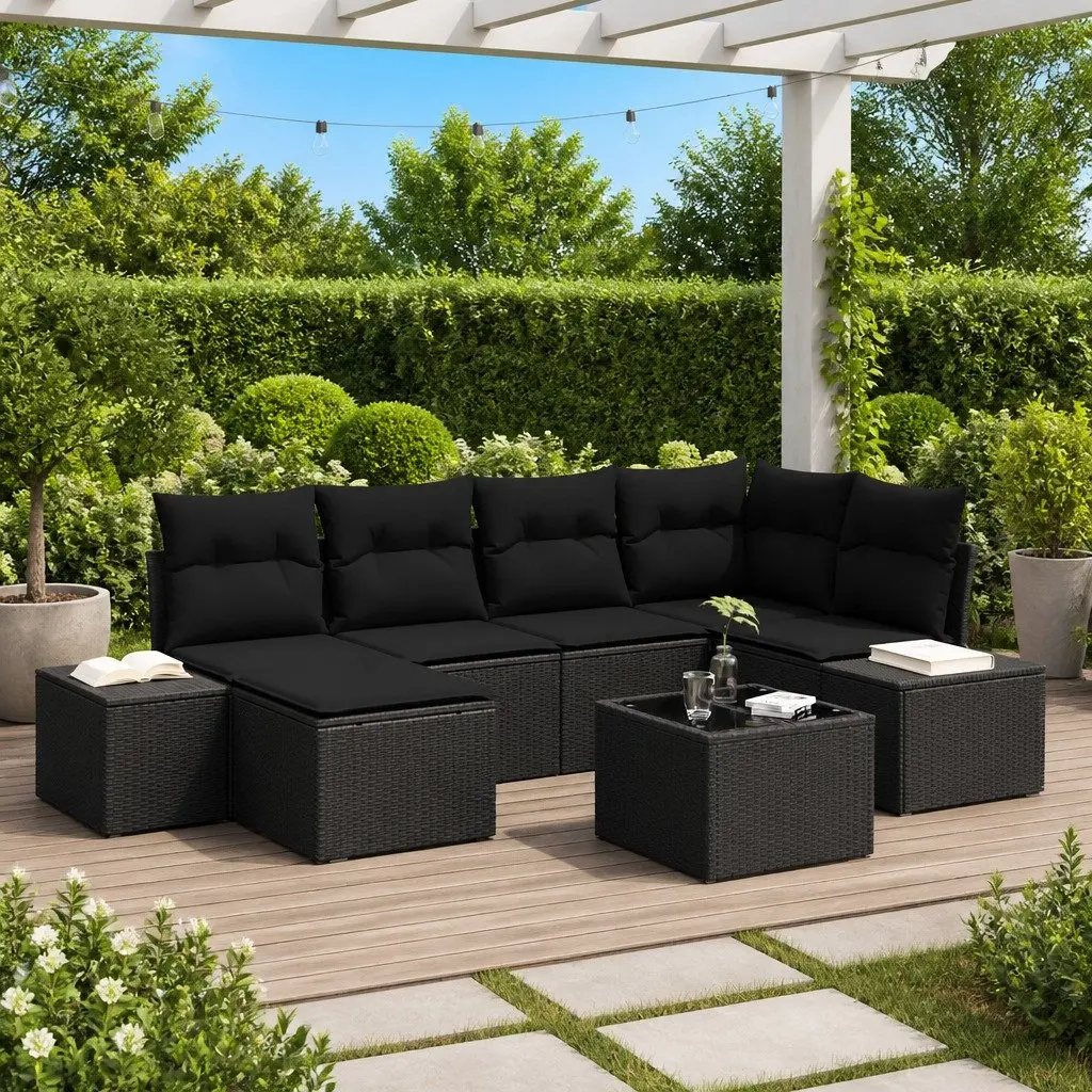 7 Piece Black Rattan Sofa Set for Outdoor Enjoyment