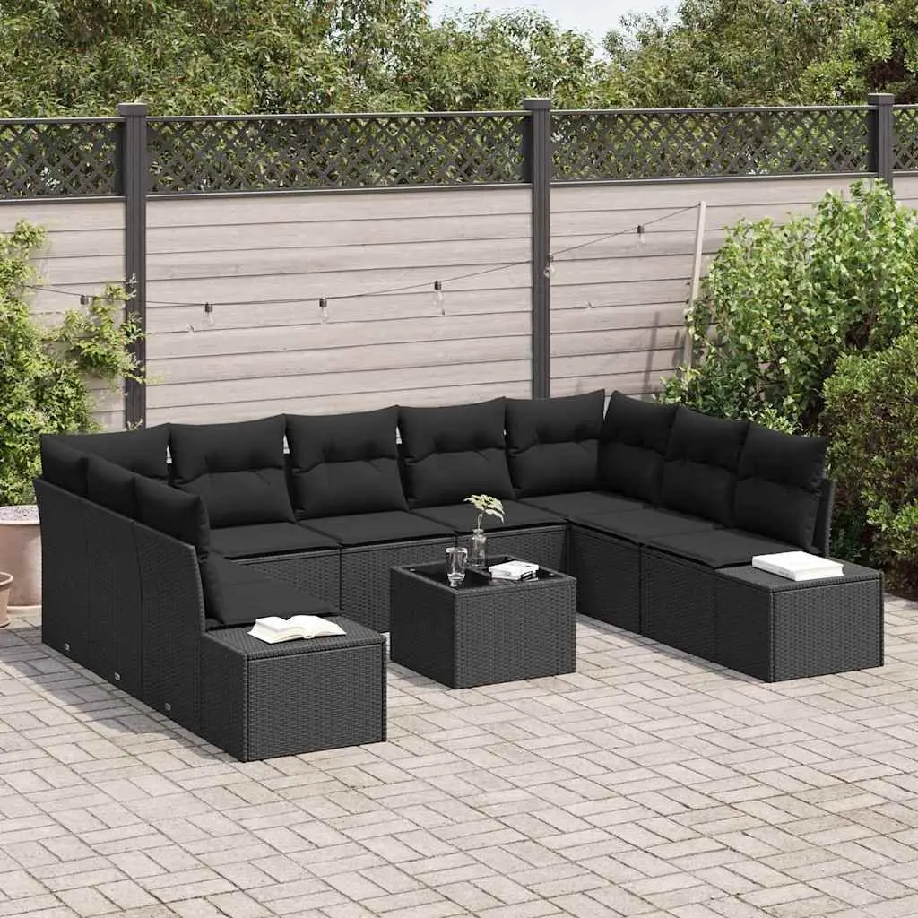Modular Garden Sofa Set Black 10 Pieces Weatherproof Cushions Poly Rattan Outdoor Furniture