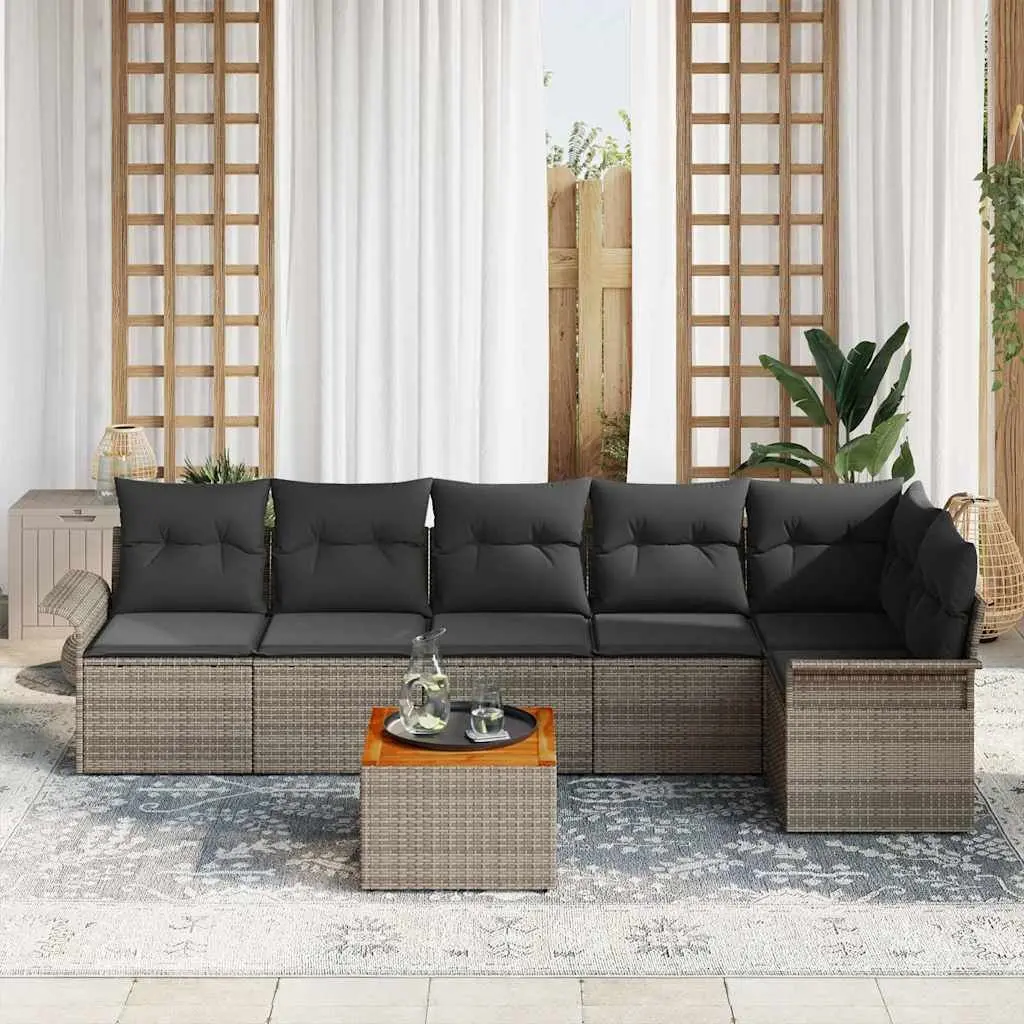 Modular Garden Sofa Set Grey 7 Piece Outdoor Patio Furniture Poly Rattan with Cushions