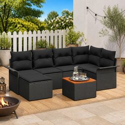 Garden Sofa Set 7 Piece Outdoor Modular Black Poly Rattan Patio Furniture Lounge