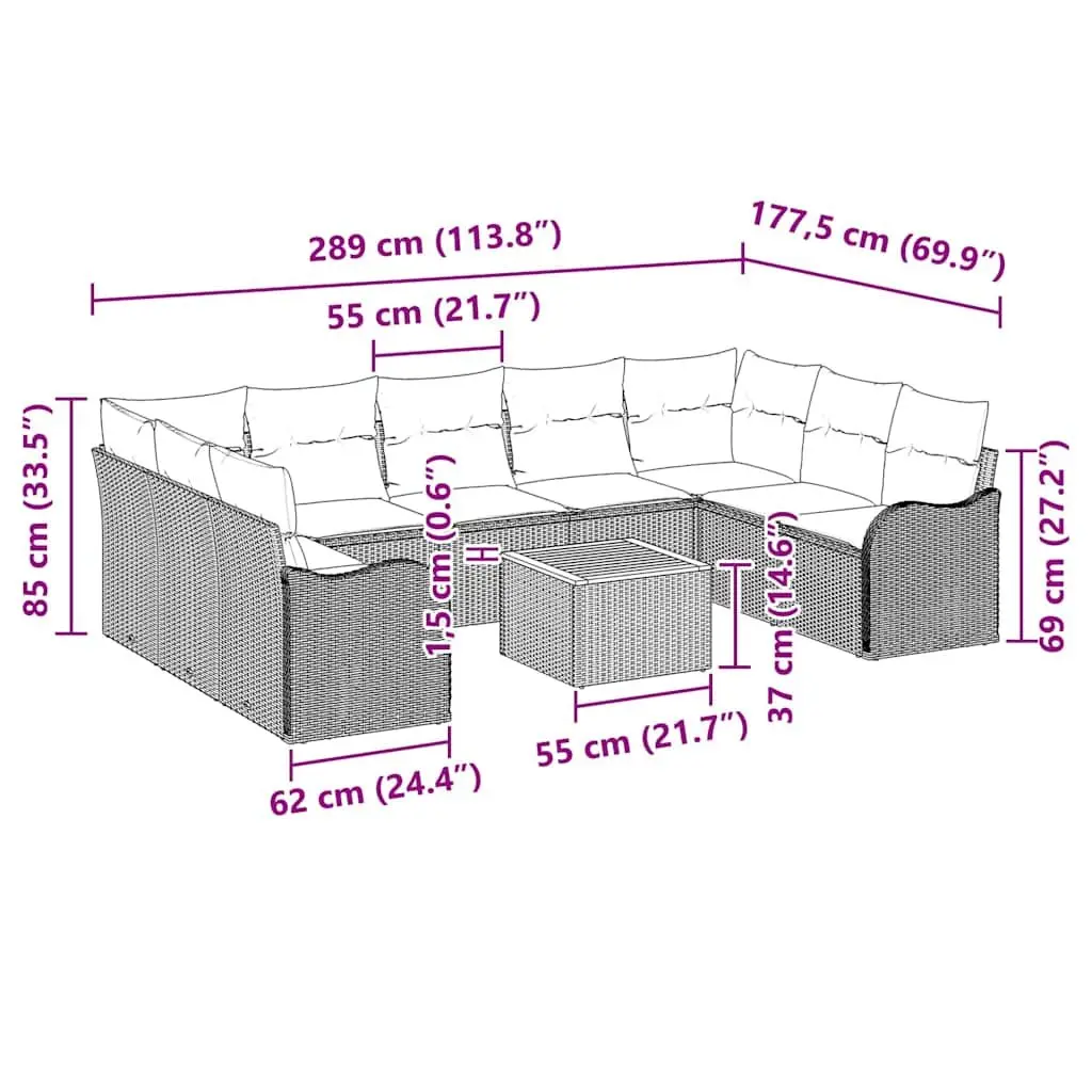 Garden Sofa Set 10 Pieces Outdoor Furniture Grey Modular Patio Seating Rattan