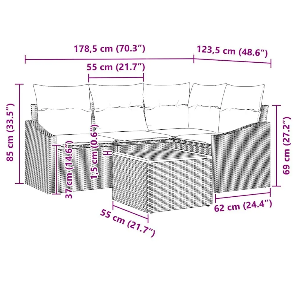 Garden Sofa Set 5 Pieces Modular Outdoor Furniture Patio Lounge with Cushions