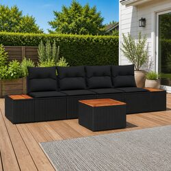 5-Piece Black Poly Rattan Sofa Set for Outdoors