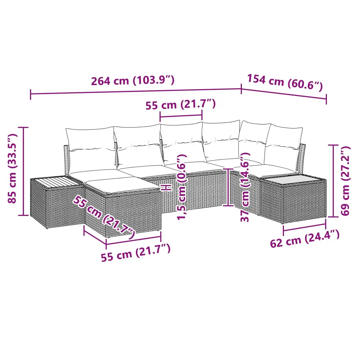 Garden Sofa Set 6 Pieces Black Poly Rattan Outdoor Furniture with Cushions
