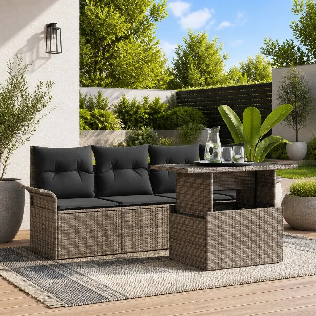 Garden Sofa Set Grey 5 Piece Handwoven Poly Rattan with Weather Resistant Cushions and Tempered Glass Table