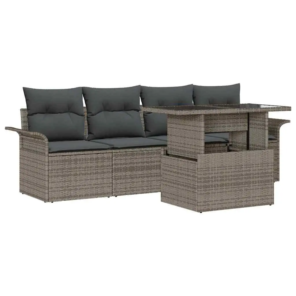 Garden Sofa Set Grey 5 Piece Handwoven Poly Rattan with Weather Resistant Cushions and Tempered Glass Table