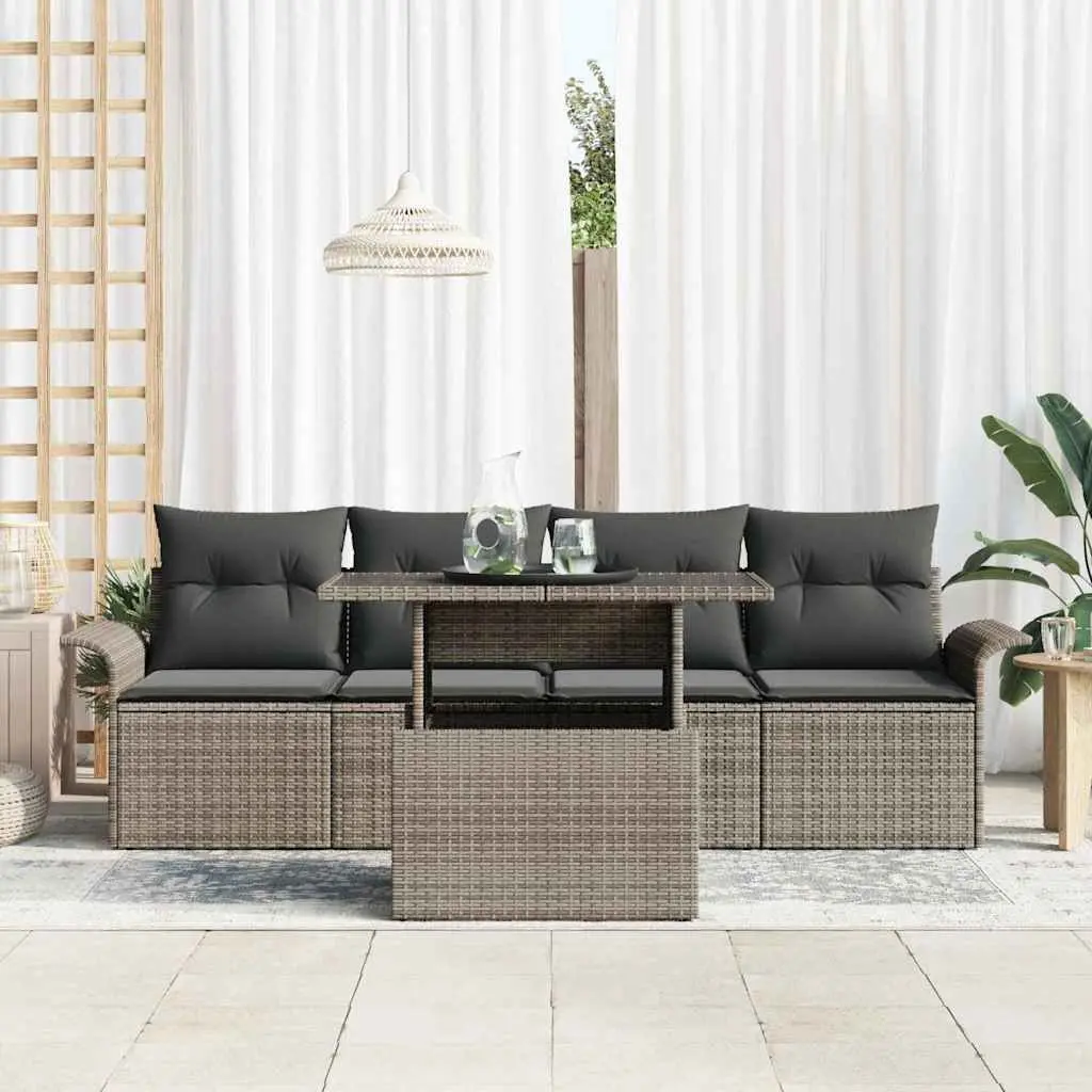 Garden Sofa Set Grey 5 Piece Handwoven Poly Rattan with Weather Resistant Cushions and Tempered Glass Table