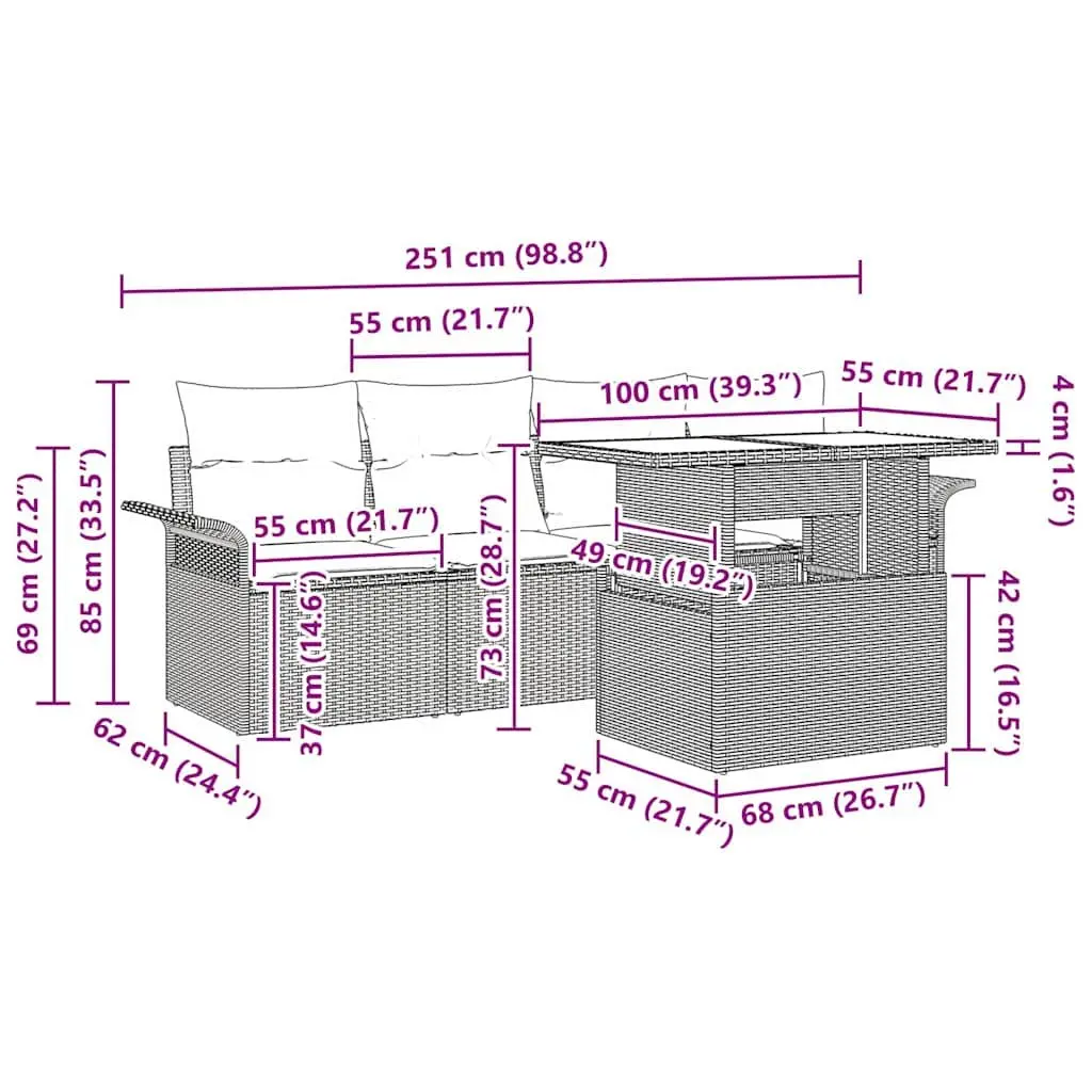 Garden Sofa Set Grey 5 Piece Handwoven Poly Rattan with Weather Resistant Cushions and Tempered Glass Table