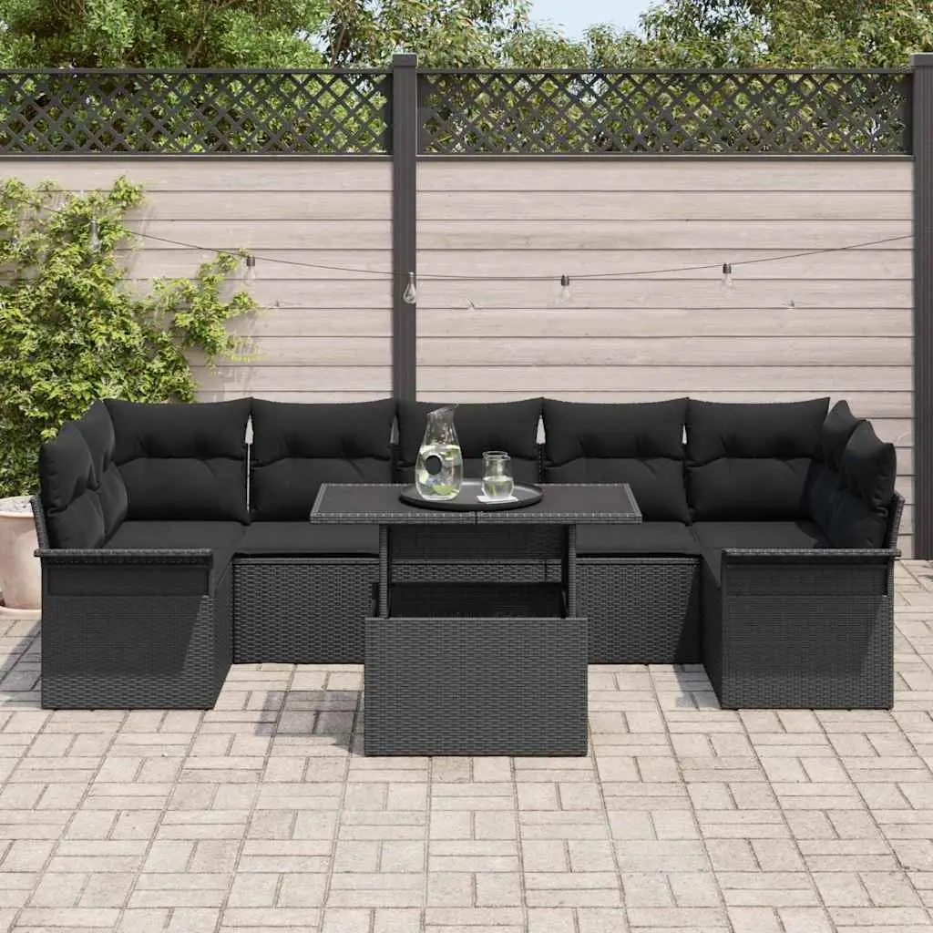 Modular Garden Sofa Set Black 8 Piece Outdoor Furniture Poly Rattan with Soft Cushions