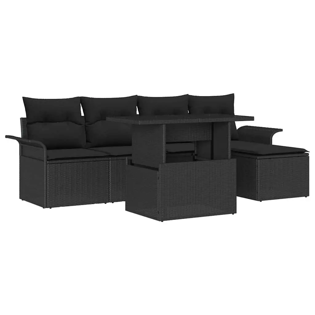 Modular Garden Sofa Set Black 6 Pieces Poly Rattan Outdoor Furniture with Adjustable Table