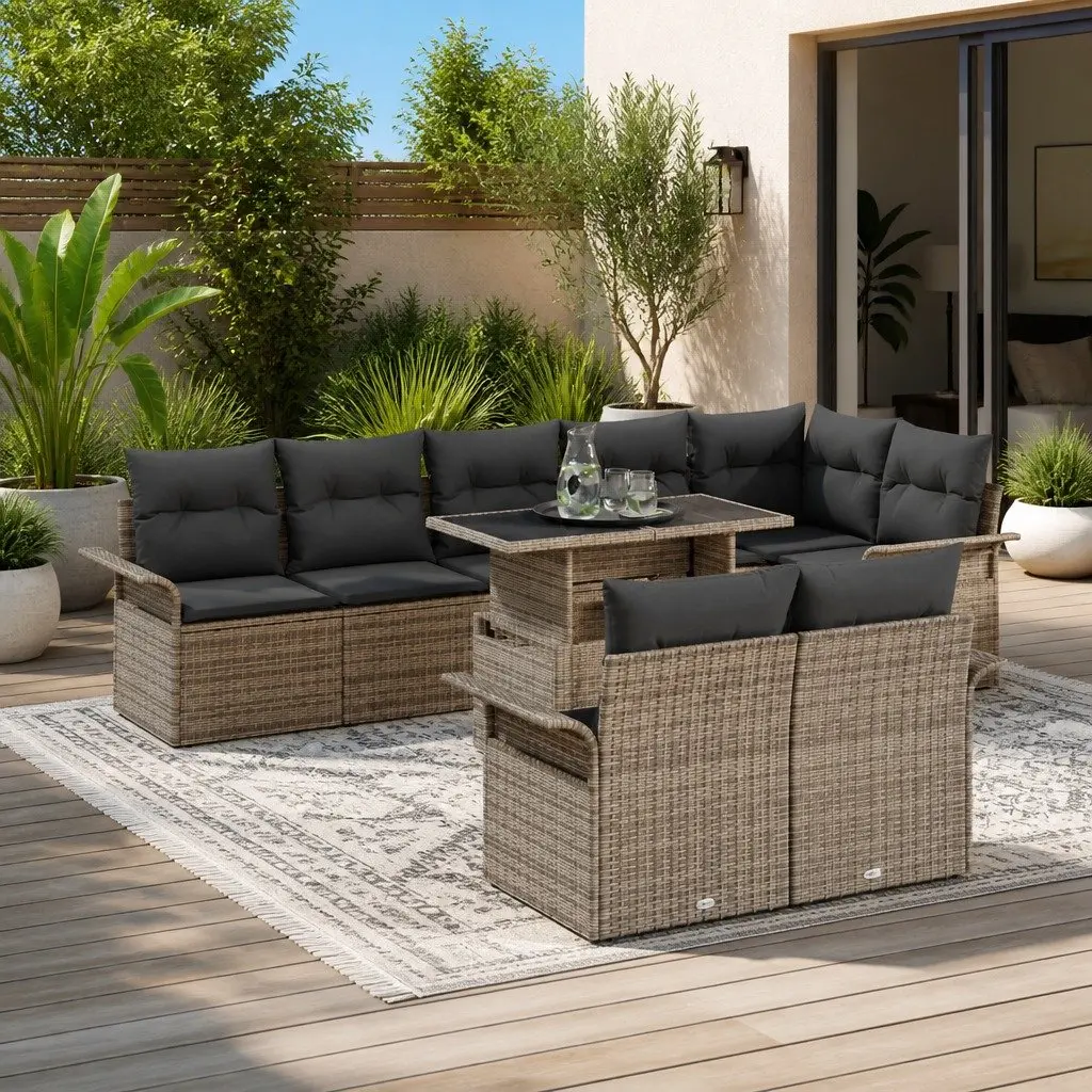 Garden Sofa Set Light Grey 9 Piece Modular Poly Rattan Outdoor Furniture with Weather Resistant Cushions and Adjustable Table