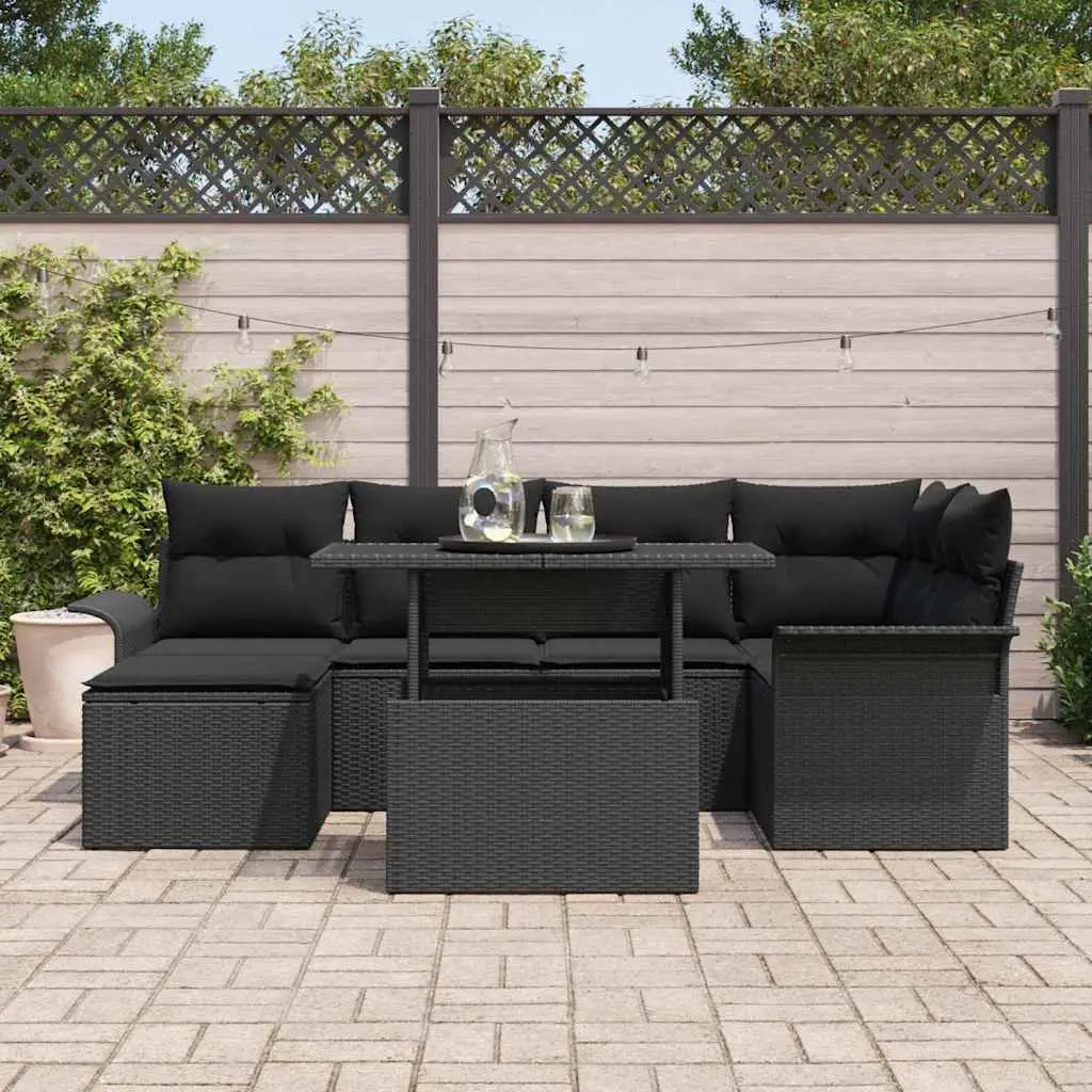 Garden Sofa Set Black 7 Piece Outdoor Furniture with Cushions Glass Table