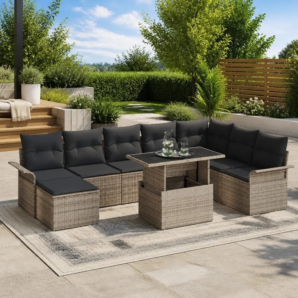 Garden Sofa Set Grey 9 Piece Poly Rattan Outdoor Furniture with Cushions