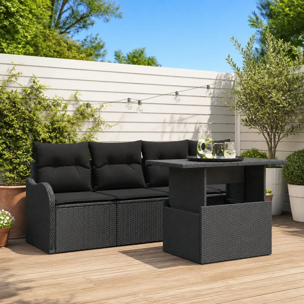Outdoor Sofa Set Black 5 Piece Poly Rattan Garden Furniture with Cushions Table
