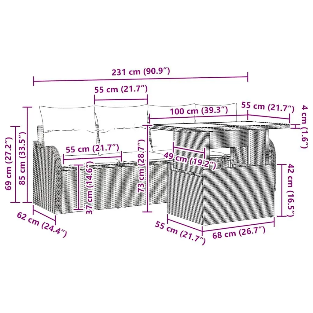 Outdoor Sofa Set Black 5 Piece Poly Rattan Garden Furniture with Cushions Table