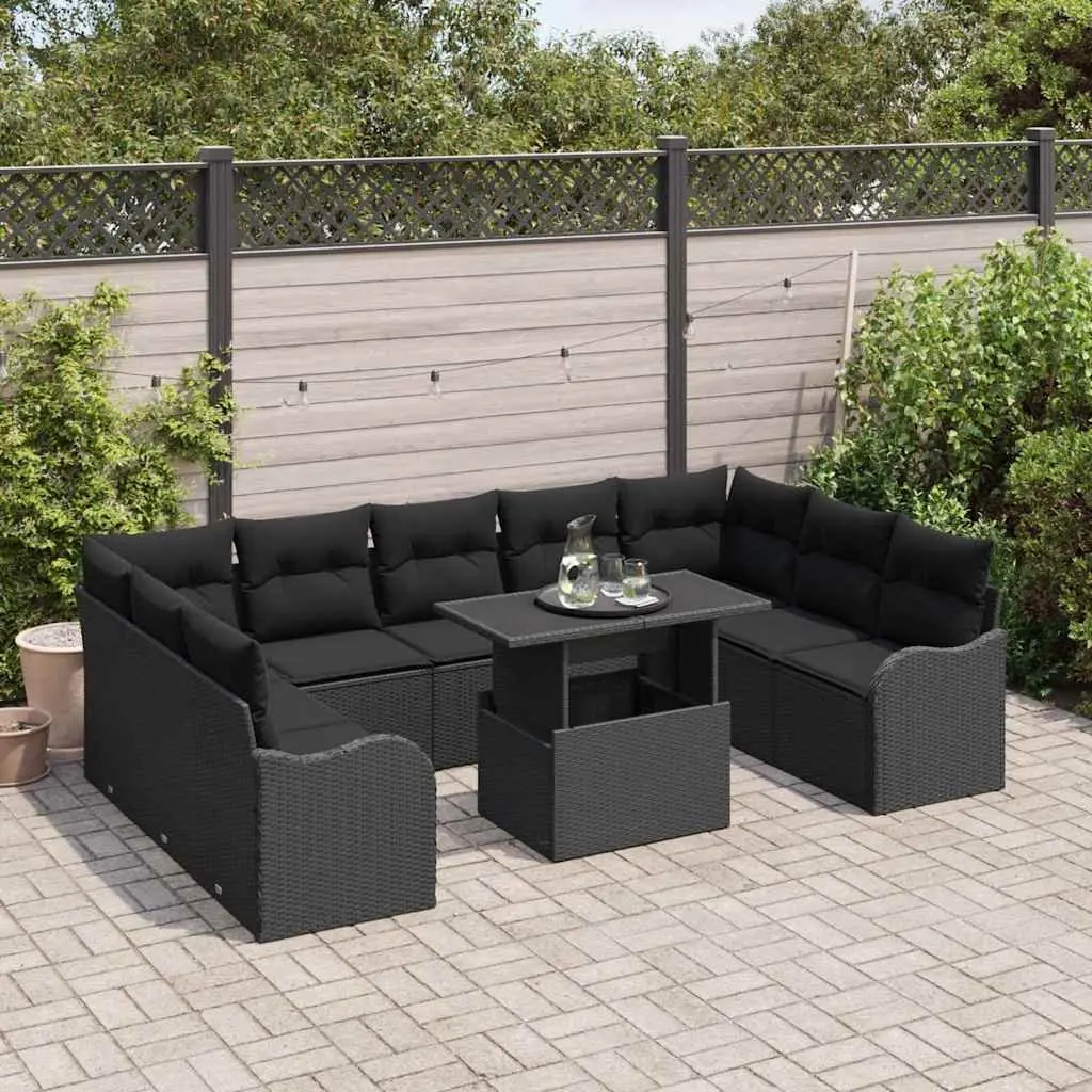 Modular Garden Sofa Set Black 10 Piece Outdoor Furniture with Cushions