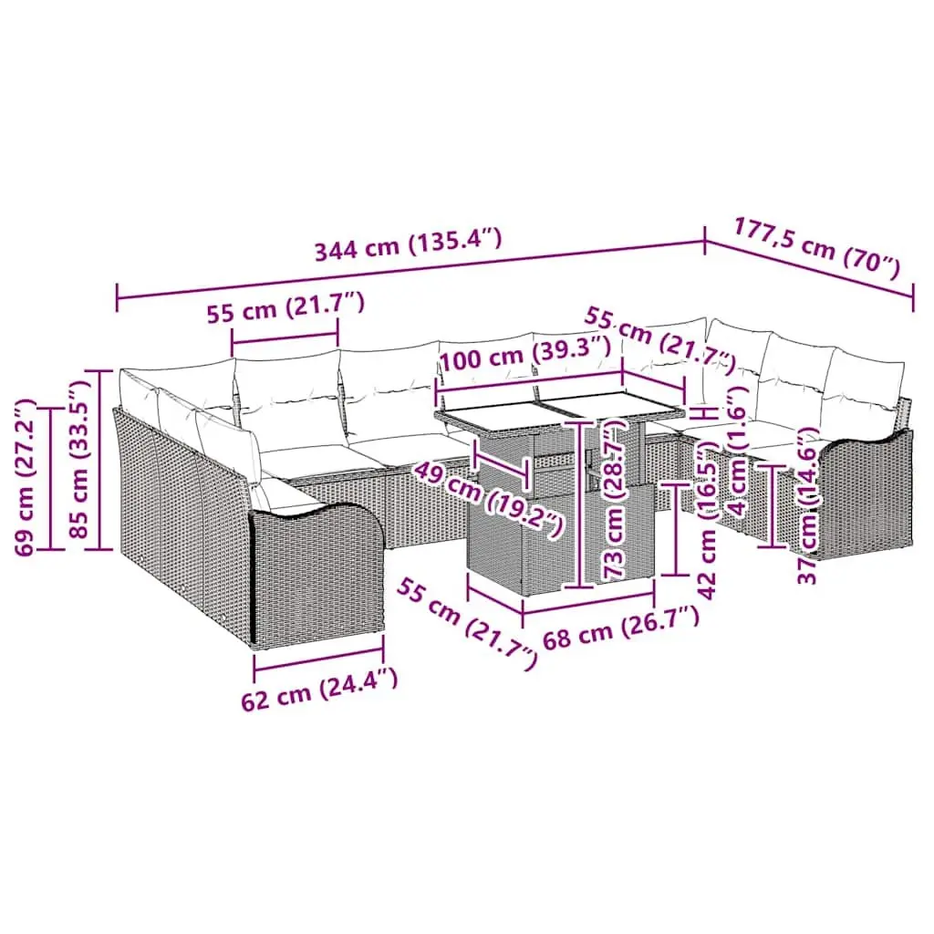 Modular Garden Sofa Set 11 Piece Black Poly Rattan with Height Adjustable Tempered Glass Table