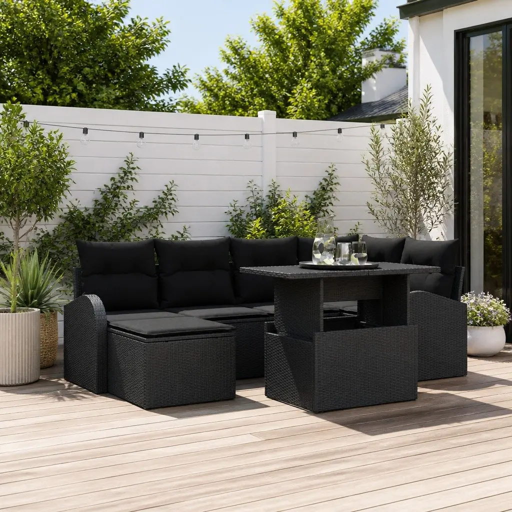 Modular Garden Sofa Set Black 7 Pieces Poly Rattan Outdoor Patio Seating Lounge