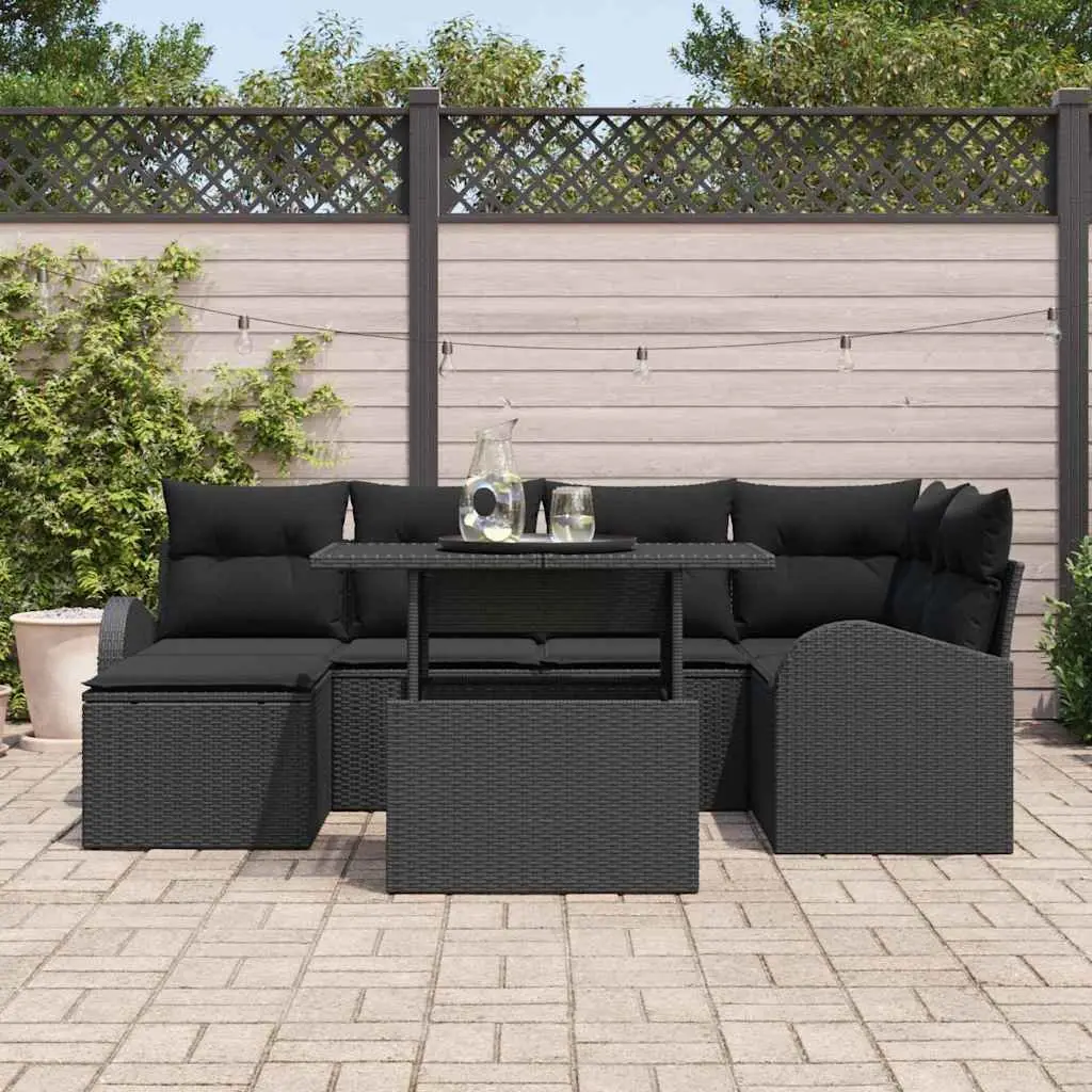 Modular Garden Sofa Set Black 7 Pieces Poly Rattan Outdoor Patio Seating Lounge
