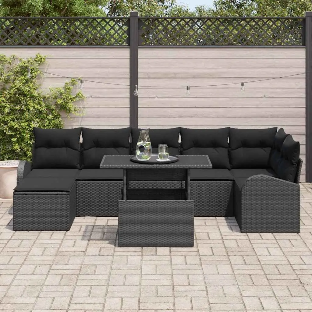 Modular Garden Sofa Set Black 8 Pieces Outdoor Seating Poly Rattan Cushion