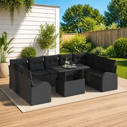 Outdoor Garden Sofa Set 10 Piece Modular Black Poly Rattan with Storage Cushions