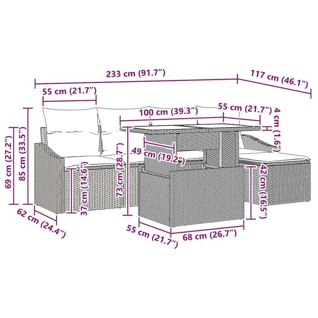 Modular Garden Sofa Set Grey 6 Pieces Outdoor Patio Seating Poly Rattan