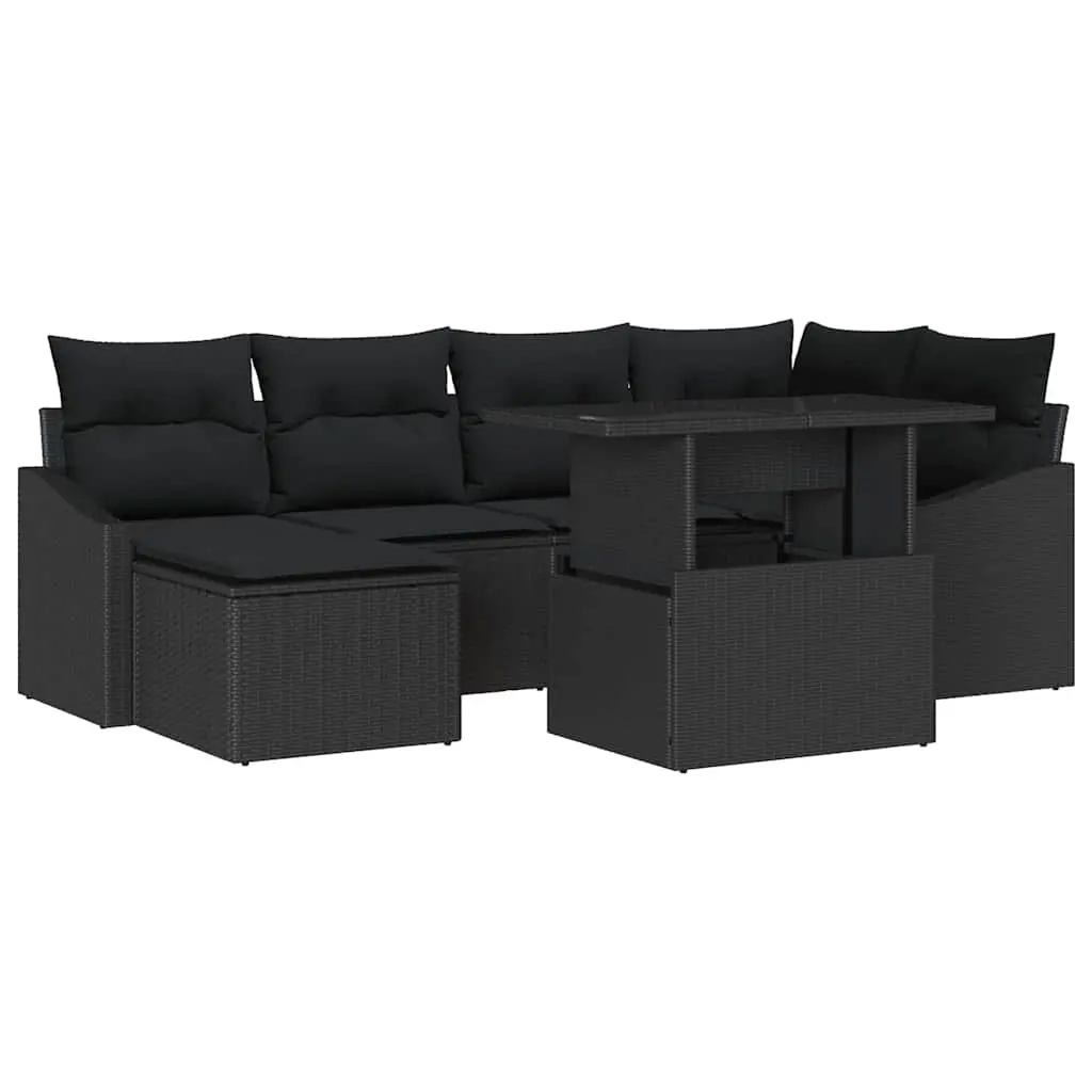 Modular Garden Sofa Set Black 7 Piece Weather Resistant Poly Rattan Steel