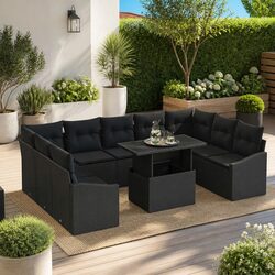 Outdoor Sofa Set 10 Piece Black Poly Rattan Garden Furniture Patio Seating