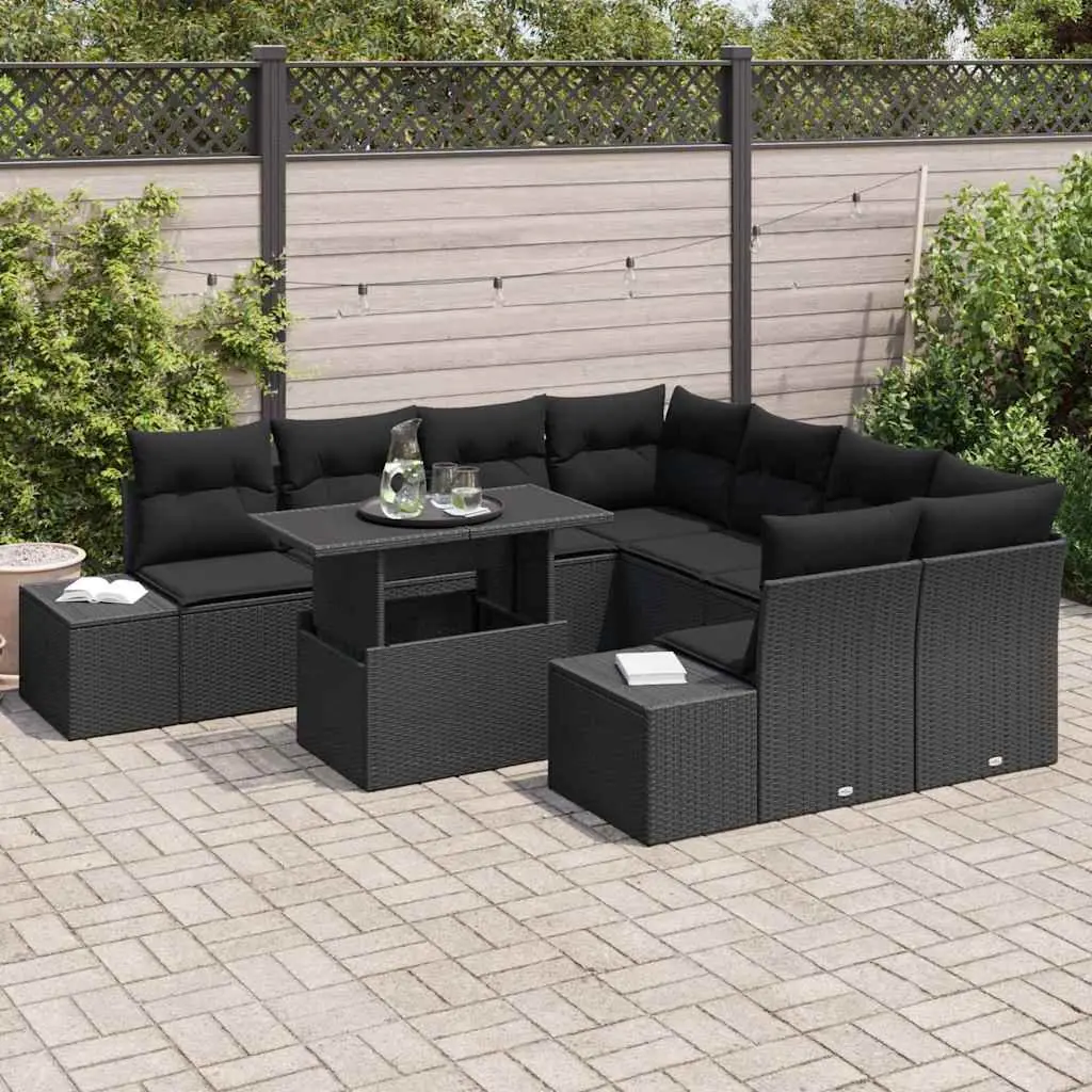 Modular Garden Sofa Set Black 9 Pieces Poly Rattan Patio Seating with Adjustable Table