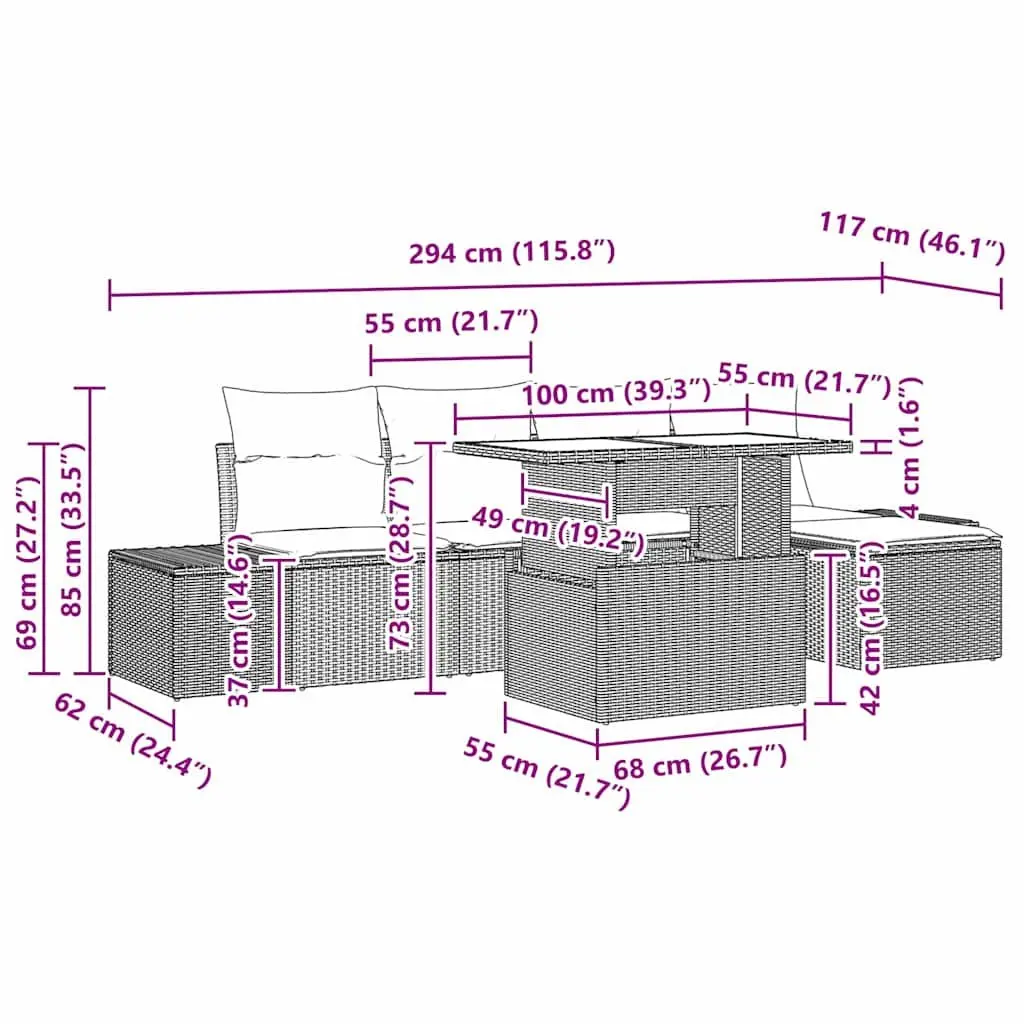 Modular Garden Sofa Set Black 6 Piece Cushioned Seating with Height Adjustable Table and Footstool