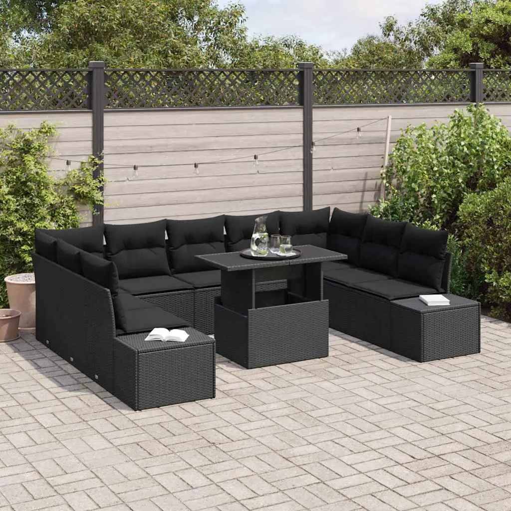 Modular Garden Sofa Set Black 10 Piece Weather Resistant with Height Adjustable Glass Table