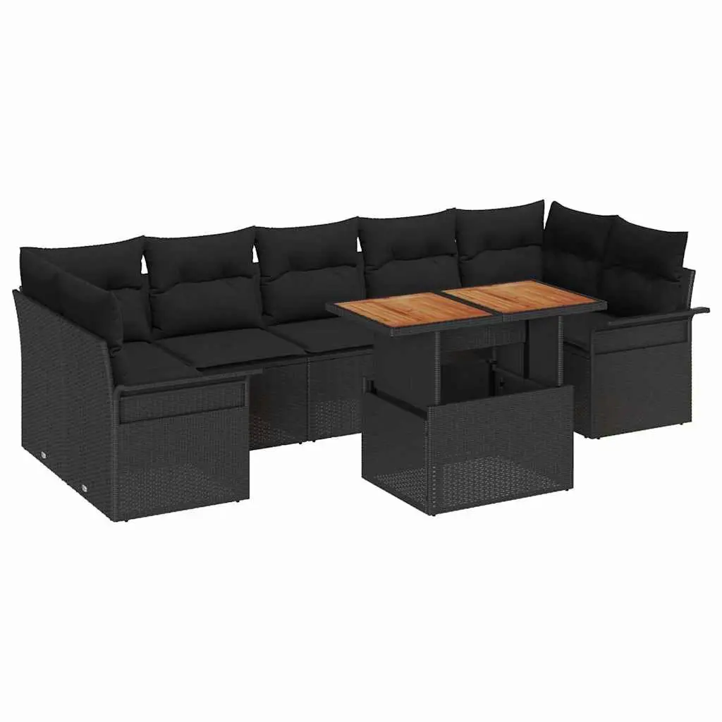 Garden Sofa Set Black 8 Pieces Outdoor Patio Seating Woven Poly Rattan Acacia Wood