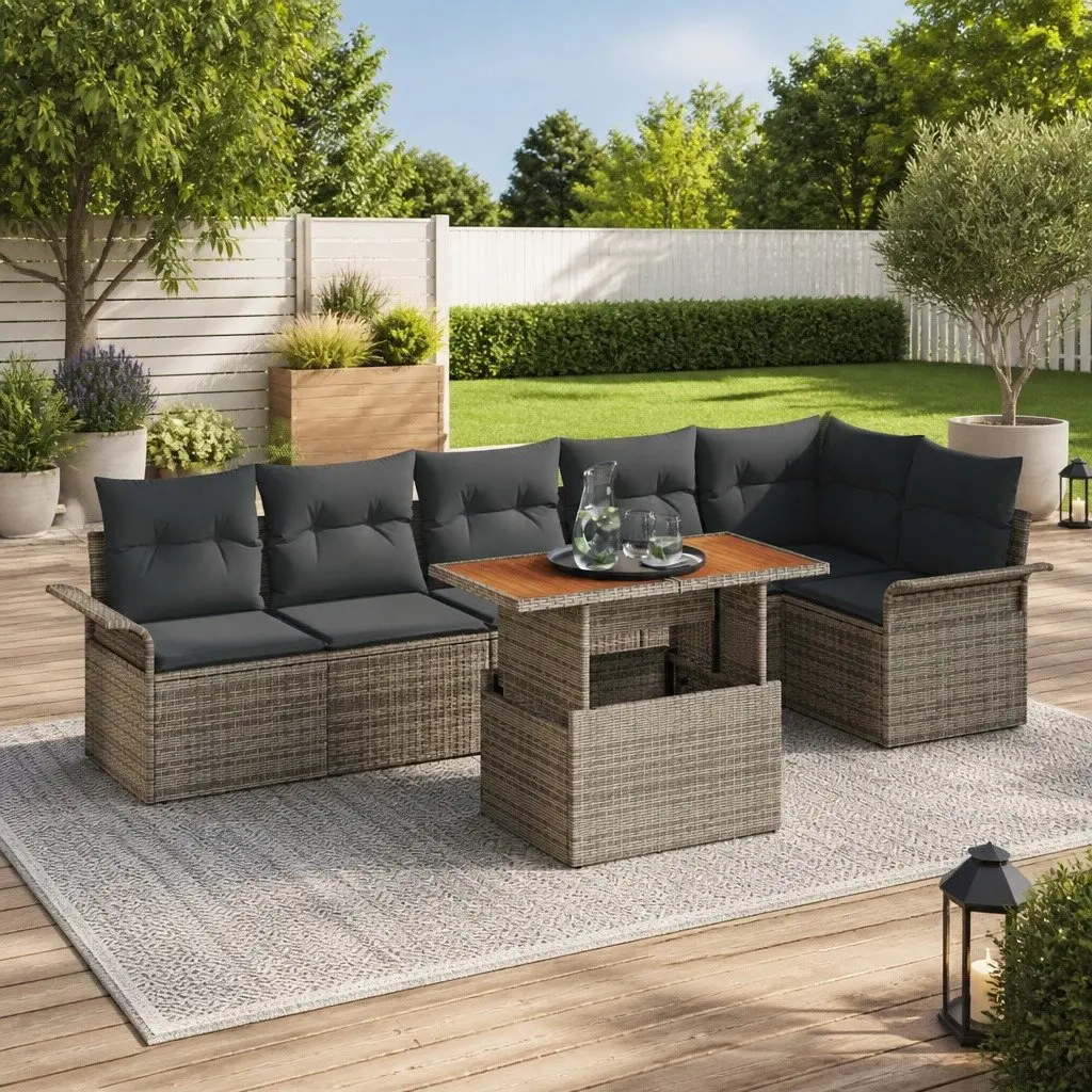 Modular Garden Sofa Set Grey 7 Pieces Cushioned Seating for Outdoor Relaxation