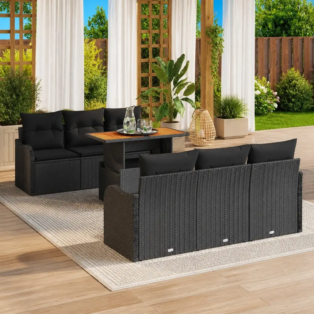 Modular Garden Sofa Set Black 7 Piece Poly Rattan Outdoor Furniture with Height Adjustable Table and Removable Cushions