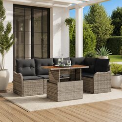 Outdoor Garden Sofa Set 6 Piece Modular Grey Poly Rattan Seating with Cushions