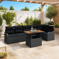 Outdoor Garden Sofa Set 7 Pieces Poly Rattan Sectional Black with Cushions Table