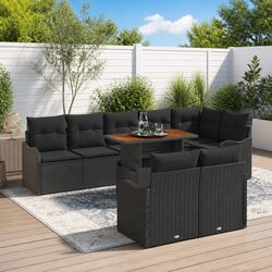 Outdoor Sofa Set 9 Pieces Black Poly Rattan Garden Seating with Cushions