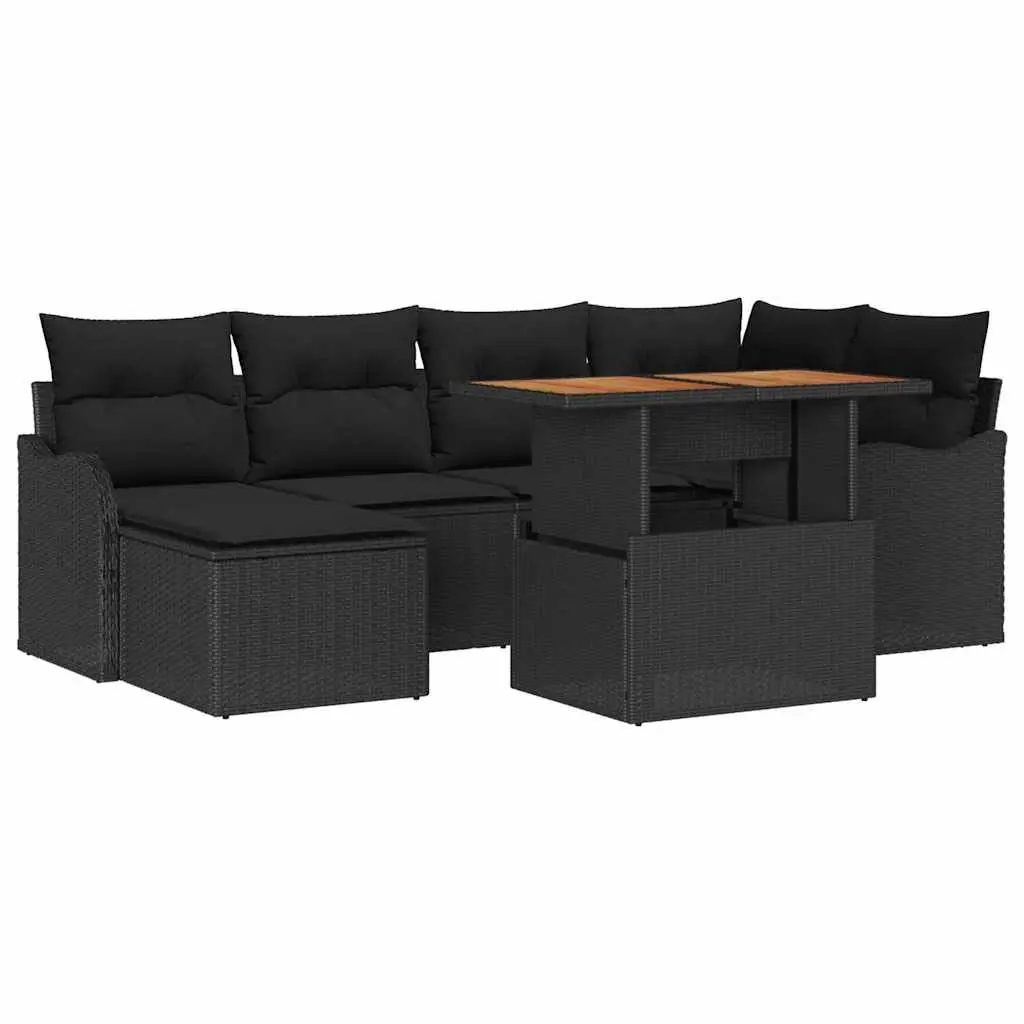 Garden Sofa Set Black 7 Pieces Poly Rattan Steel Frame Cushioned Seating