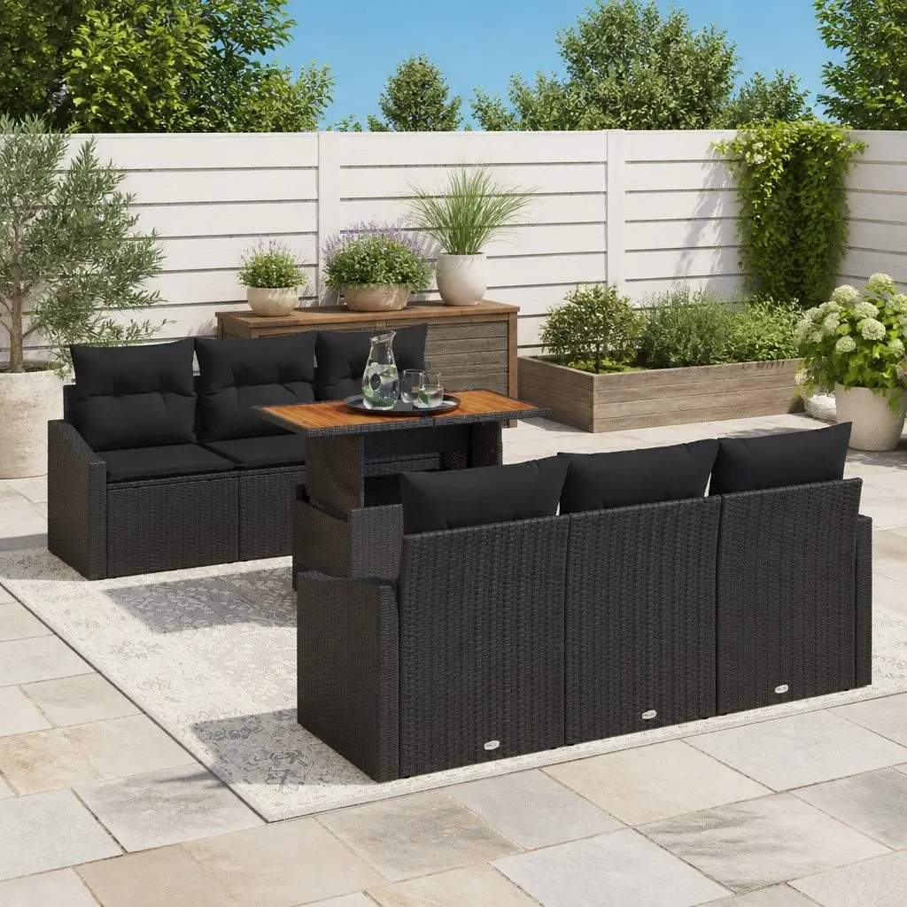 Outdoor Garden Sofa Set 7 Pieces Modular Seating Black Brown Rattan Steel Frame