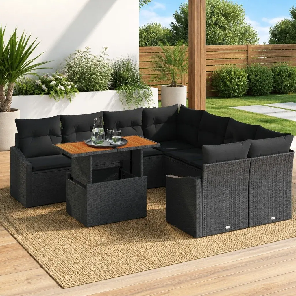 Outdoor Garden Sofa Set Black 9 Pieces Modular Seating with Storage Compartments