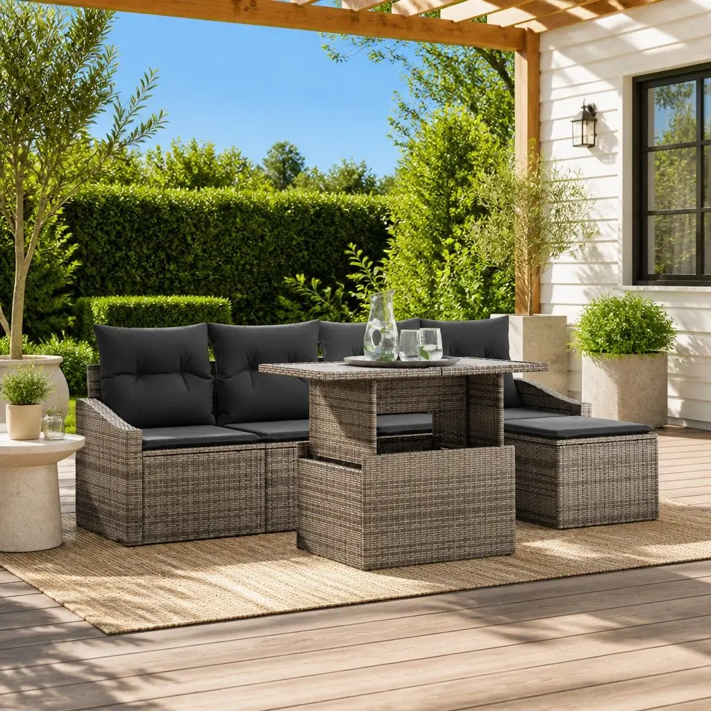 Garden Sofa Set Grey 6 Piece Modular Outdoor Patio Furniture with Storage Footstool and Table