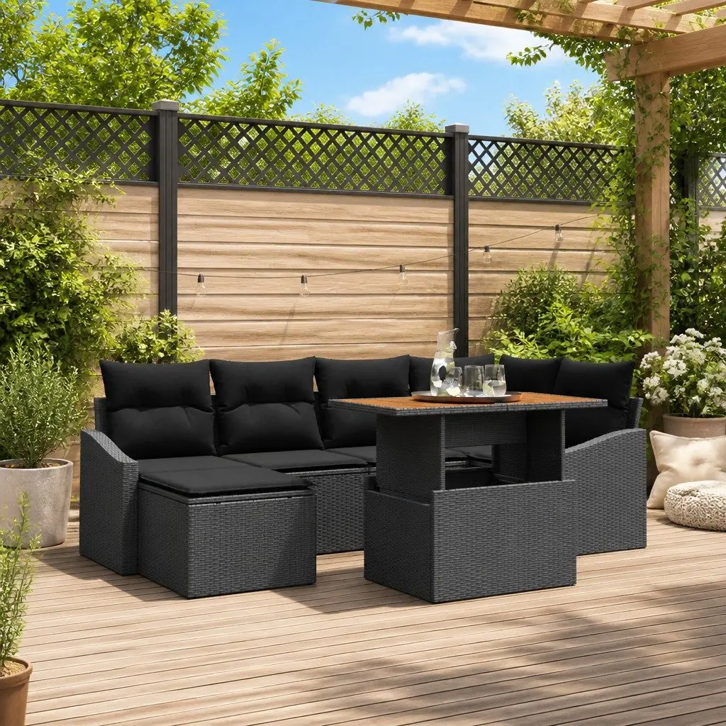 Outdoor Garden Sofa Set Black 7 Pieces Modular Poly Rattan with Acacia Wood Surfaces