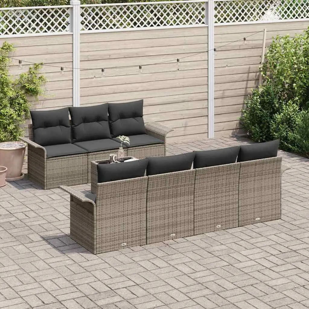 Modular Garden Sofa Set Grey 8 Piece Poly Rattan Outdoor Furniture with Glass Tabletop