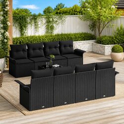Modular Garden Sofa Set 9 Pieces Black Poly Rattan Outdoor Seating with Cushions