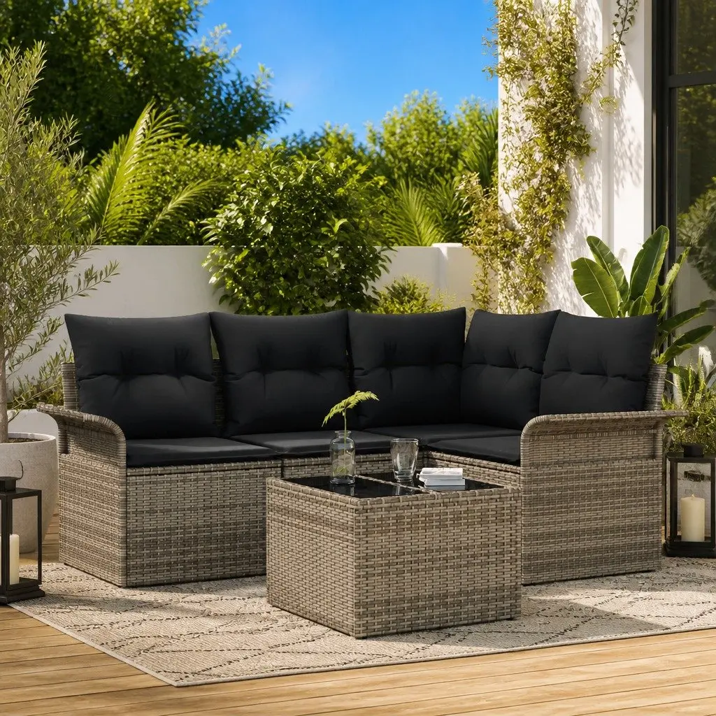 Modular Garden Sofa Set Grey 5 Piece UV Resistant Poly Rattan Storage Integrated Compartments